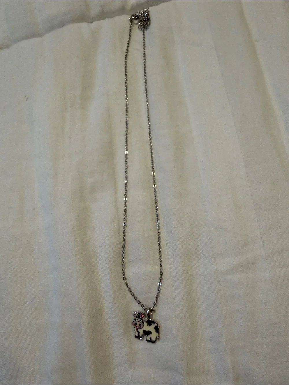 Kids Cow Pendant Necklace in White & Black - Cute Enamel Charm